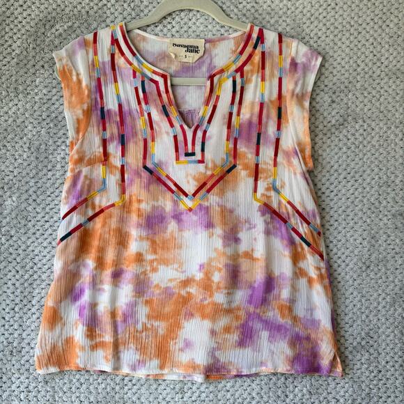Savanna Jane Boho Top Women S Tye Die Orange Purple Crew V-Neck Embroidered - Picture 1 of 8